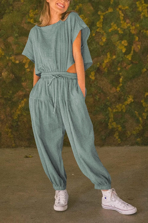 Levency Slit Back Solid Drawstring Jumpsuit 3 Levency Slit Back Solid Drawstring Jumpsuit