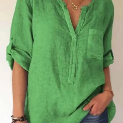 Levency Sequin Pockets V Neck Blouse