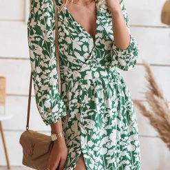 Levency Print Seven Sleeve Slit Wrap Maxi Dress