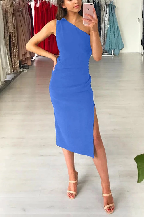 Levency New In One Shoulder Slit Slim Midi Dress 4 Levency New In One Shoulder Slit Slim Midi Dress