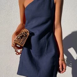 Levency Minimalism One Shoulder Linen Mini Dress