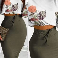 Levency Geometric Long Sleeve Top Drawstring Bodycon Skirt Set