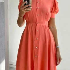 Levency Pearl Button O Neck Shirt Maxi Dress