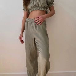 Levency Off Shoulder Ruched Crop Top Pants Sets