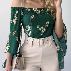 Levency Print Off Shoulder Bell Sleeve Blouse New In