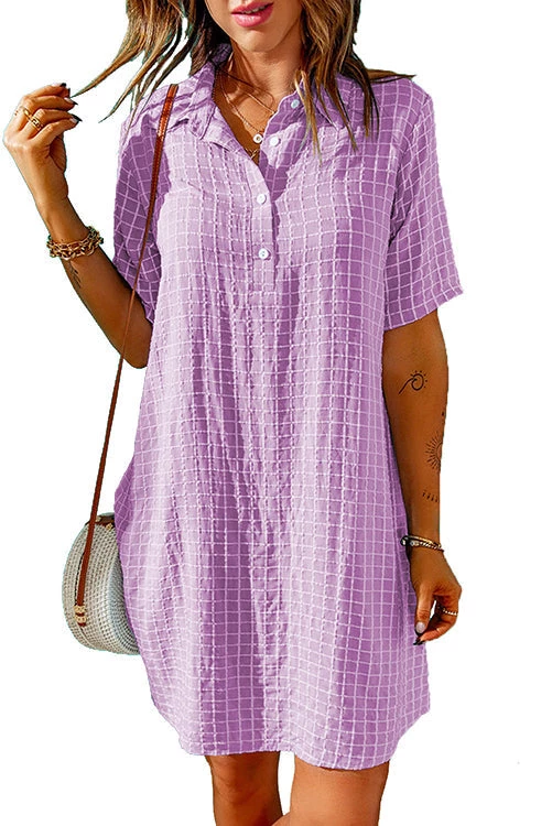 Levency Plaid Button Half Sleeve Mini Dress 4 Levency Plaid Button Half Sleeve Mini Dress