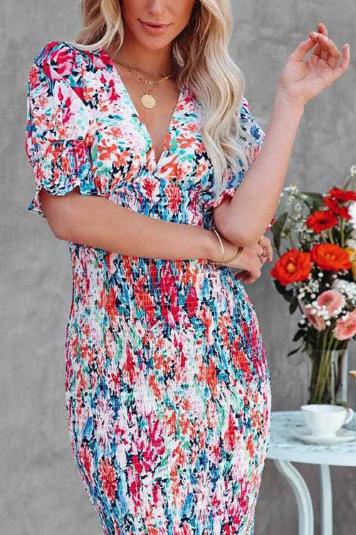 Levency New In V Neck Puff Sleeve Smocked Waist Midi Dress 4 Levency New In V Neck Puff Sleeve Smocked Waist Midi Dress