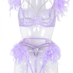 Levency New In Cutout Feather Detail Plain Lingerie Set