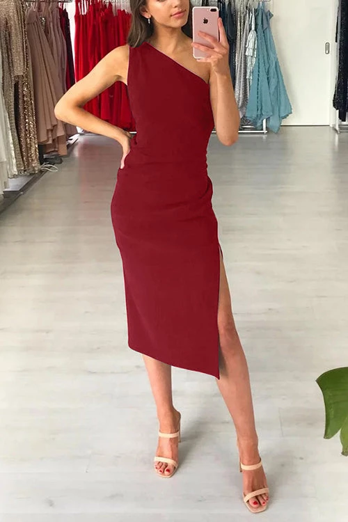 Levency New In One Shoulder Slit Slim Midi Dress 2 Levency New In One Shoulder Slit Slim Midi Dress