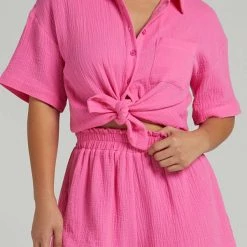 Levency Button Half Sleeve Blouse Short Set