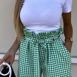 Levency Houndstooth Ruffles Belted Shorts New In