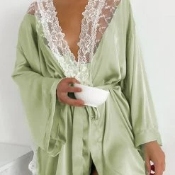 Levency New In Sage Green Lace Satin Robe