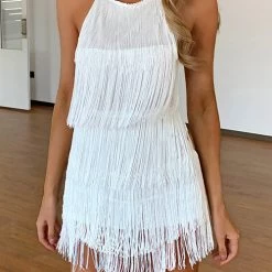 Levency New In Halter Neck Open Back Tassel Hem Romper