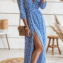 Levency Print Seven Sleeve Slit Wrap Maxi Dress