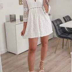 Levency See Though Flares Sleeve V Neck Mini Dress