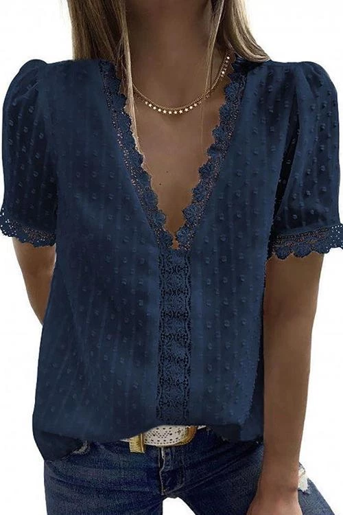 Levency Lace V Neck Puff Short Sleeves Blouses 6 Levency Lace V Neck Puff Short Sleeves Blouses