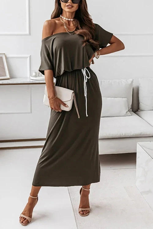 Levency Dew Shoulder Slit Belted Bat Dress 10 Levency Dew Shoulder Slit Belted Bat Dress