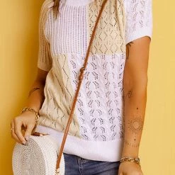 Levency Color Block Eyelet Short Sleeve Sweater 19 Levency Color Block Eyelet Short Sleeve Sweater