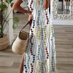 Levency Ambilight Print V Neck Slit Maxi Dress New In