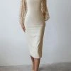 Levency Tulle Sleeve Square Neck Bodycon Midi Dress