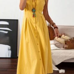 Levency Lapel Button Sleeveless Midi Dress