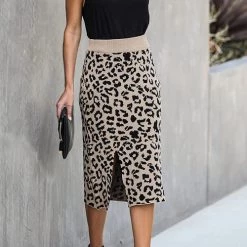 Levency Knit Leopard Print Bodycon Skirt New In