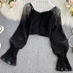 Levency Mesh Puff Sleeve Crop Top