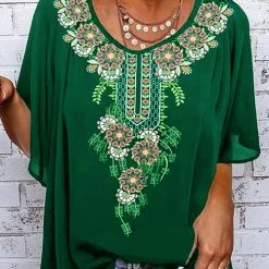 Levency New In Print O Neck Loose Blouse