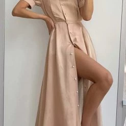 Levency Pearl Button O Neck Shirt Maxi Dress