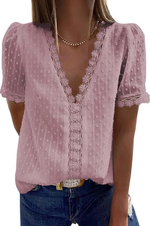 Levency Lace V Neck Puff Short Sleeves Blouses 4 Levency Lace V Neck Puff Short Sleeves Blouses