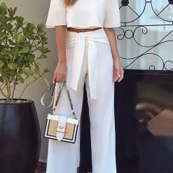 Levency New In Ruffles Off Shoulder Crop Wide Leg Pants Set