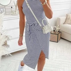 Levency New In Striped Wrap Tie Asymmetric Halter Midi Dress 12 Levency New In Striped Wrap Tie Asymmetric Halter Midi Dress