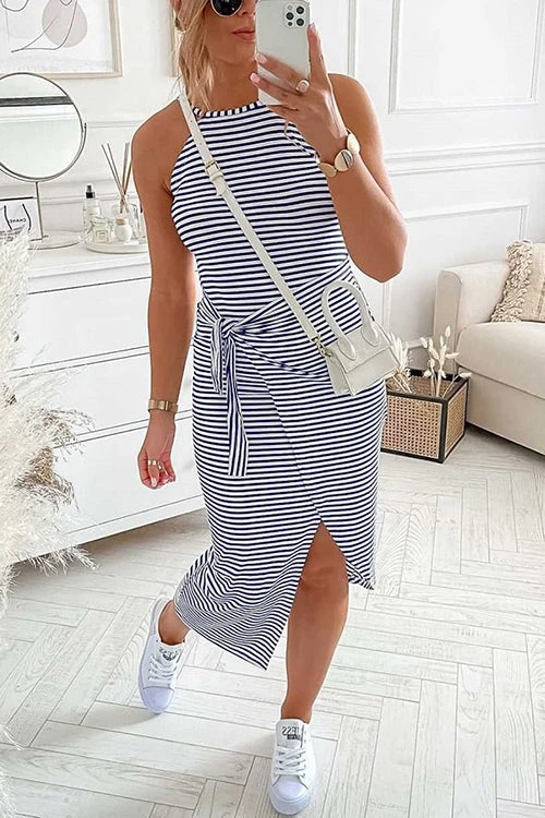 Levency New In Striped Wrap Tie Asymmetric Halter Midi Dress 4 Levency New In Striped Wrap Tie Asymmetric Halter Midi Dress