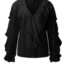 Levency New In Ruffles Button V Neck Blouse