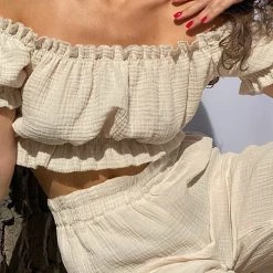 Levency Off Shoulder Ruched Crop Top Pants Sets