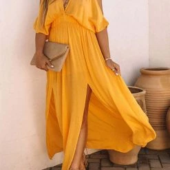 Levency Cold Shoulder Slit Bat Sleeve V Neck Maxi Dress New In