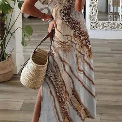 Levency Ambilight Print V Neck Slit Maxi Dress New In