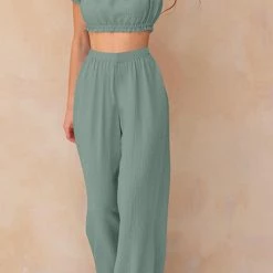 Levency Off Shoulder Ruched Crop Top Pants Sets