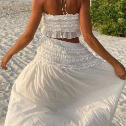 Levency Beachy Kisses Shirred Crop Maxi Skirts Set New In