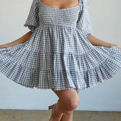 Levency New In Smocked Gingham Babydoll Dress