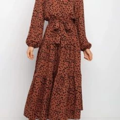 Levency New In Print Belted Long Sleeve Maxi Dress