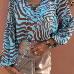 Levency Zebra Puff Sleeve Lace Neck Top