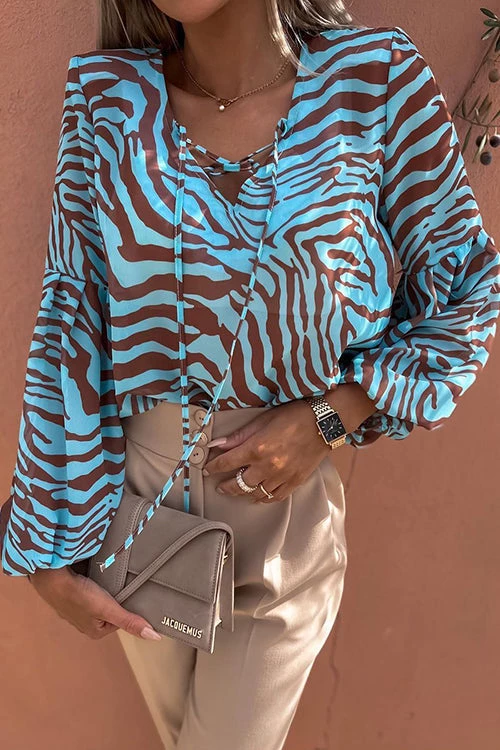 Levency Zebra Puff Sleeve Lace Neck Top 1 Levency Zebra Puff Sleeve Lace Neck Top