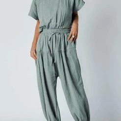 Levency Slit Back Solid Drawstring Jumpsuit 23 Levency Slit Back Solid Drawstring Jumpsuit