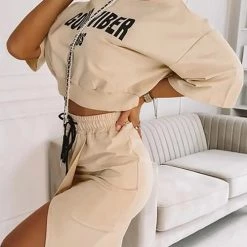 Levency Letter Crop Hoodie Slit Skirts Set New In