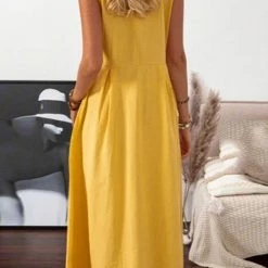 Levency Lapel Button Sleeveless Midi Dress