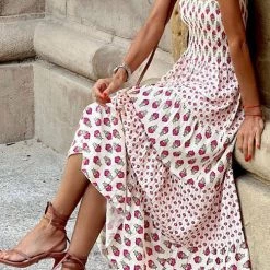 Levency Printed Smocked Ruffle Maxi Dress