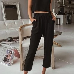 Levency Solid Pockets Tank Pants Set