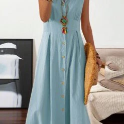 Levency Lapel Button Sleeveless Midi Dress