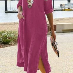 Levency O Neck Pockets Slit Midi Dress